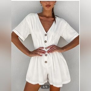 Button Down Linen Cotton Jumpsuits White XL